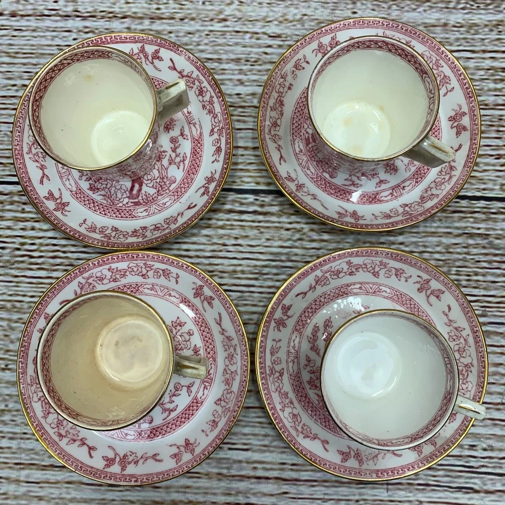 Antique Red Floral‎ Tea Cups and Saucers Set of 4 Orchid China Vintage